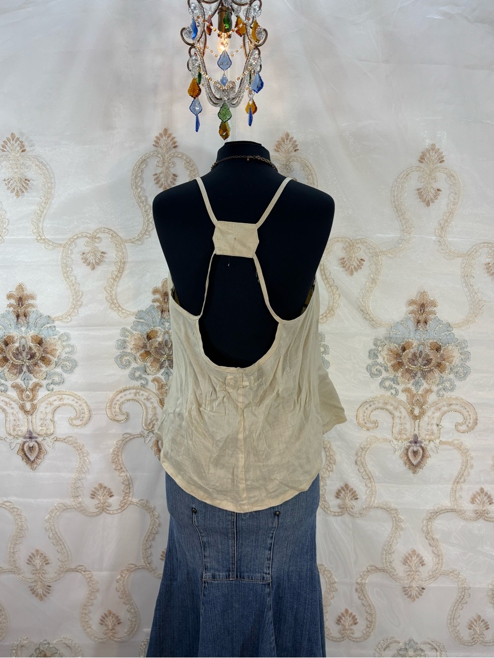 ✨Vintage Y2K Bohemian Beige Linen Sequins Racerback Tank Top✨ - Picture 7 of 9